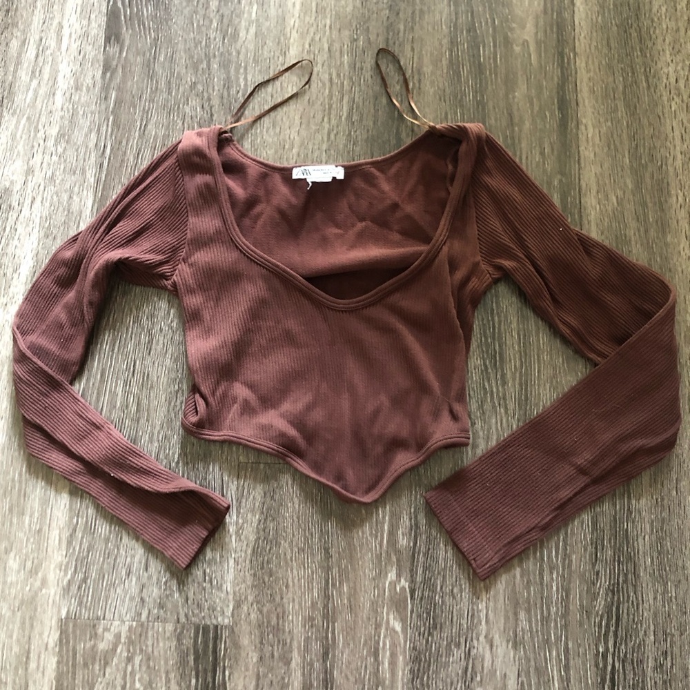 Zara Seamless Corset Ribbed Long Sleeve Top Asymmetric Hem Brown XS/S